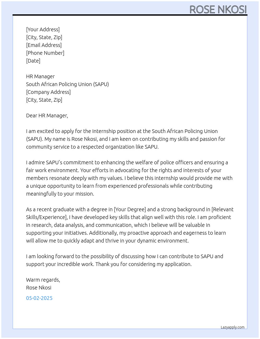 Internship At South African Policing Union (SAPU) Cover Letter