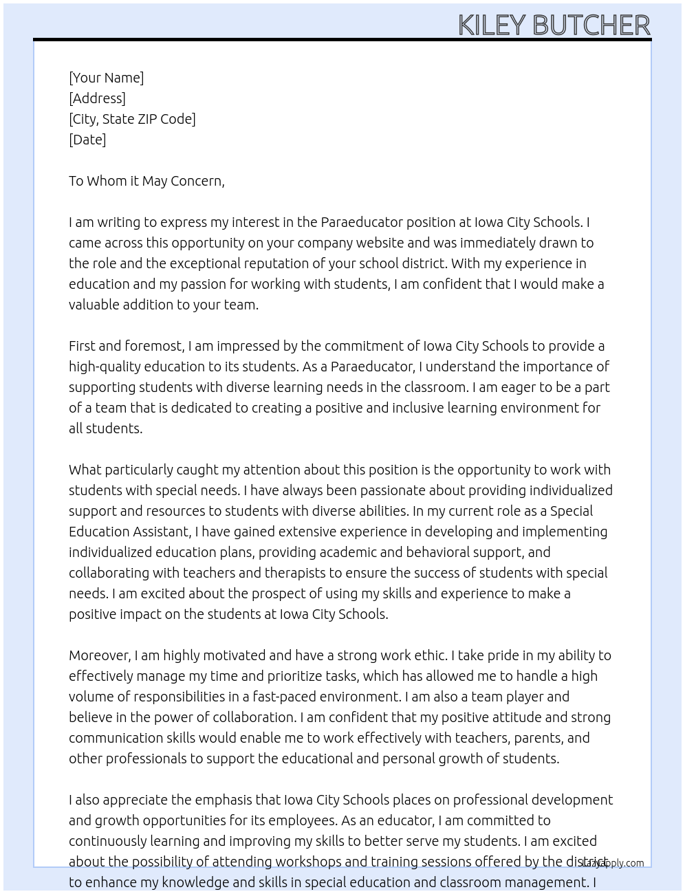 Paraeducator At Iowa City Schools Cover Letter