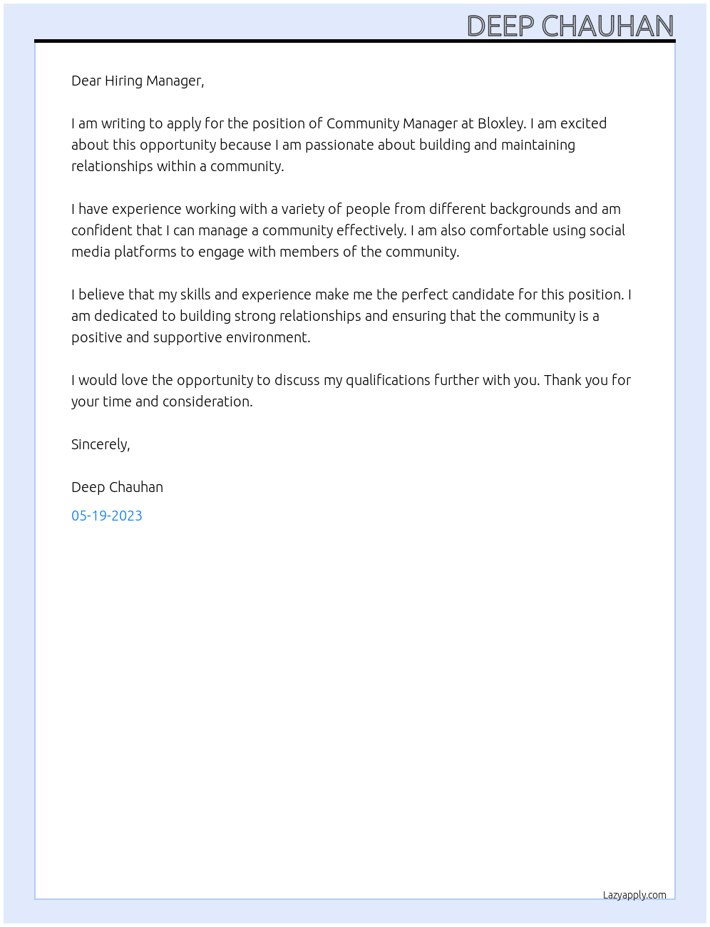 Community manager At Bloxley Cover Letter