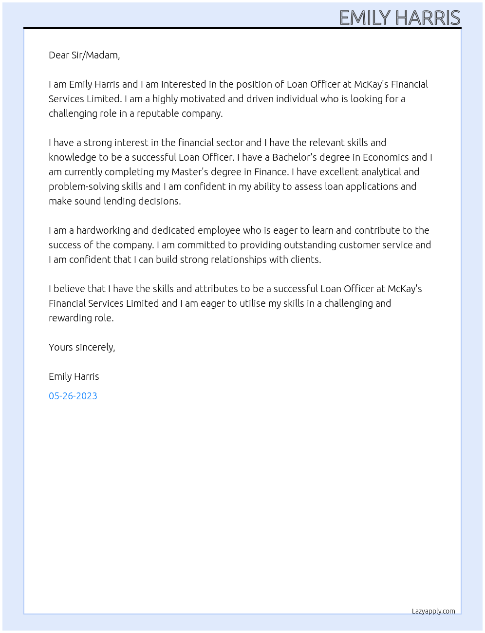 Loan Officer At McKay's Financial Services Limited Cover Letter