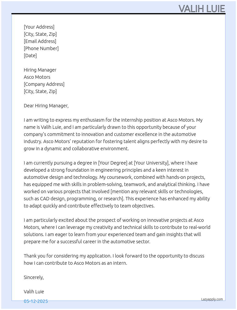 intern At Asco Motors Cover Letter