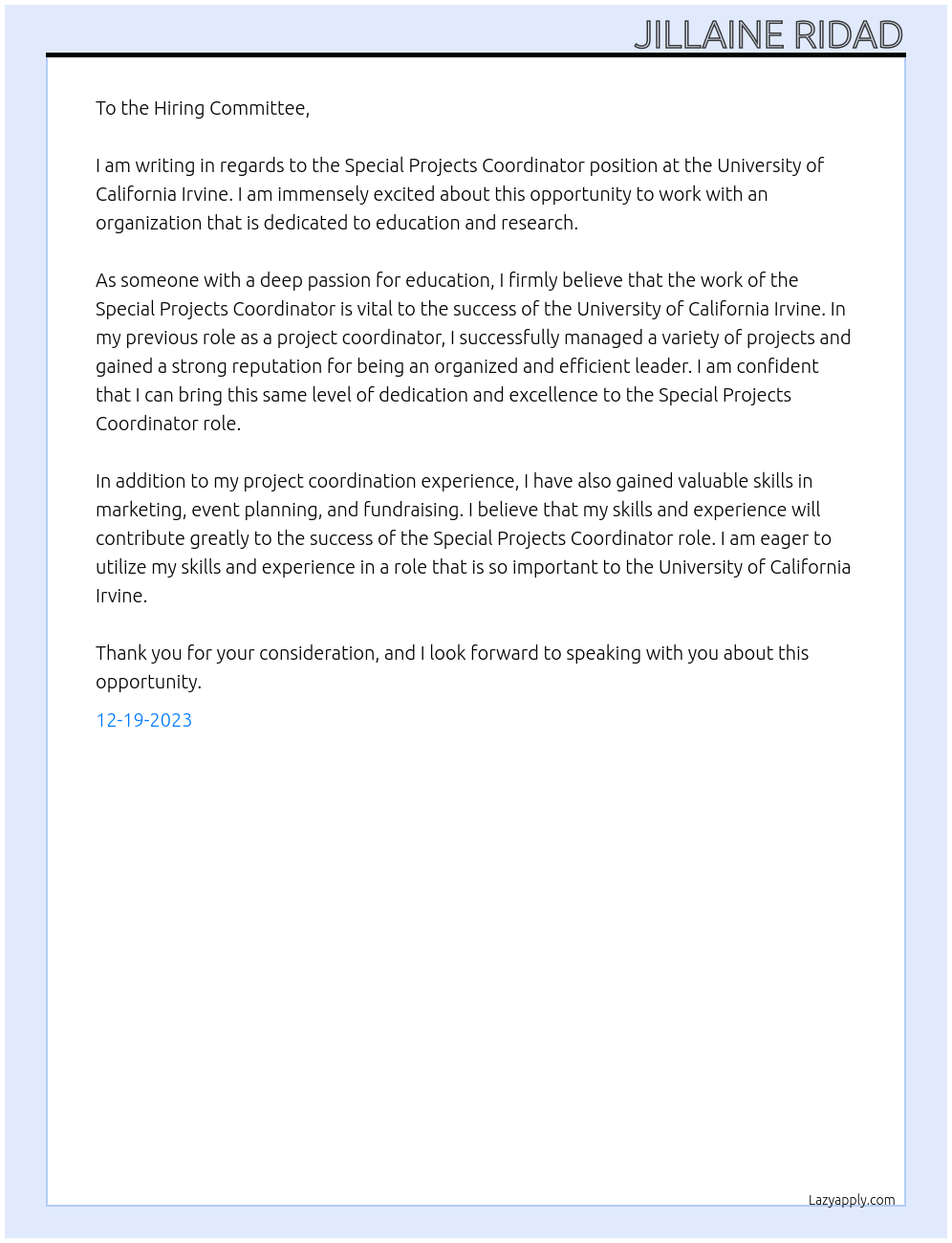 Special Projects Coordinator At Education/Instruction & Research Cover Letter