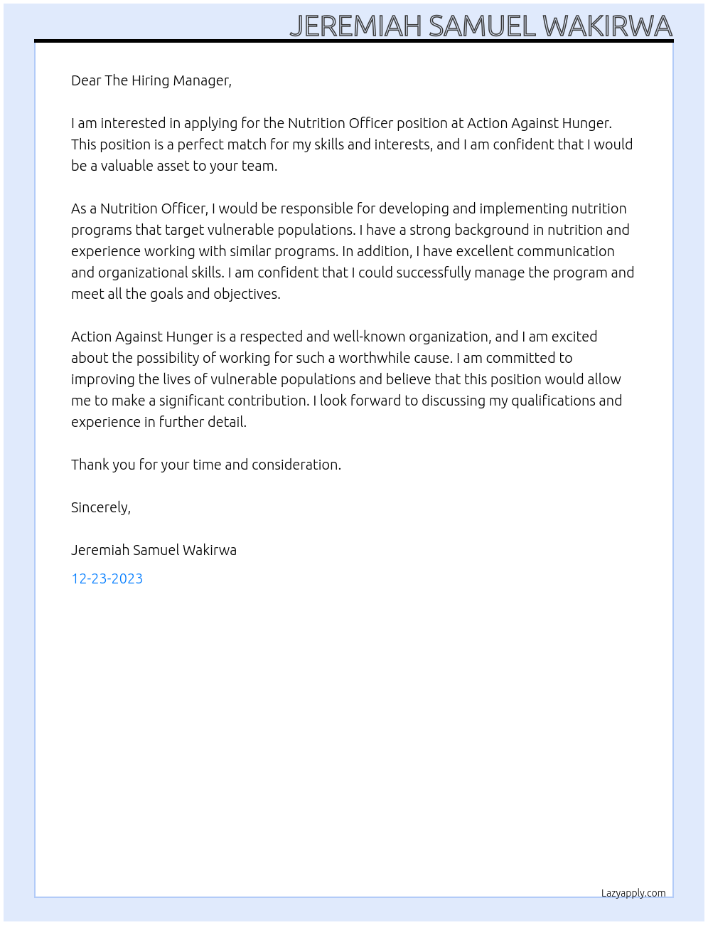 Nutrition Officer  At Action Against Hunger Cover Letter