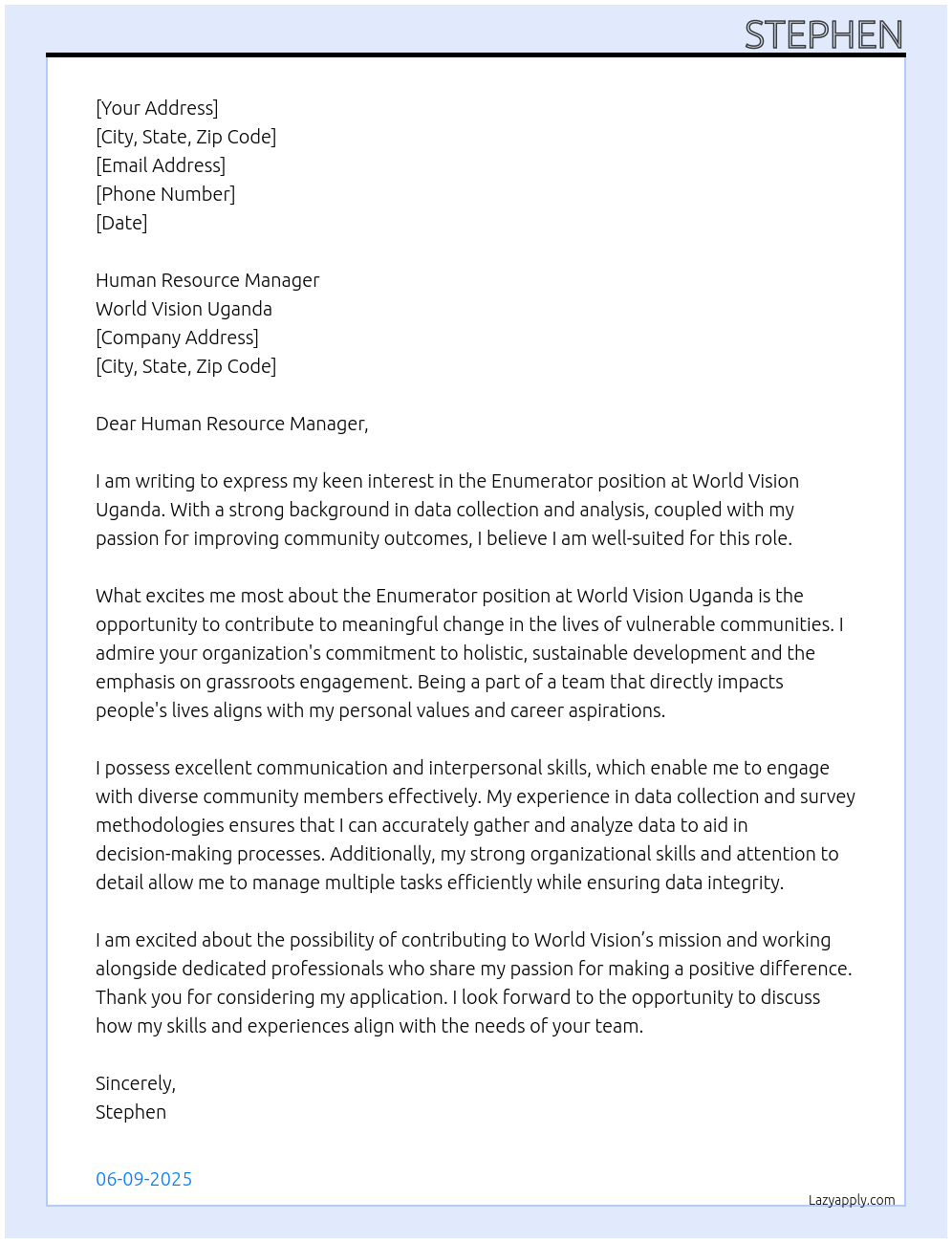 Enumerator At world vision Uganda Cover Letter