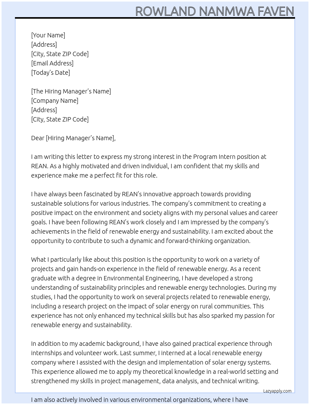 Program Intern At REAN Cover Letter