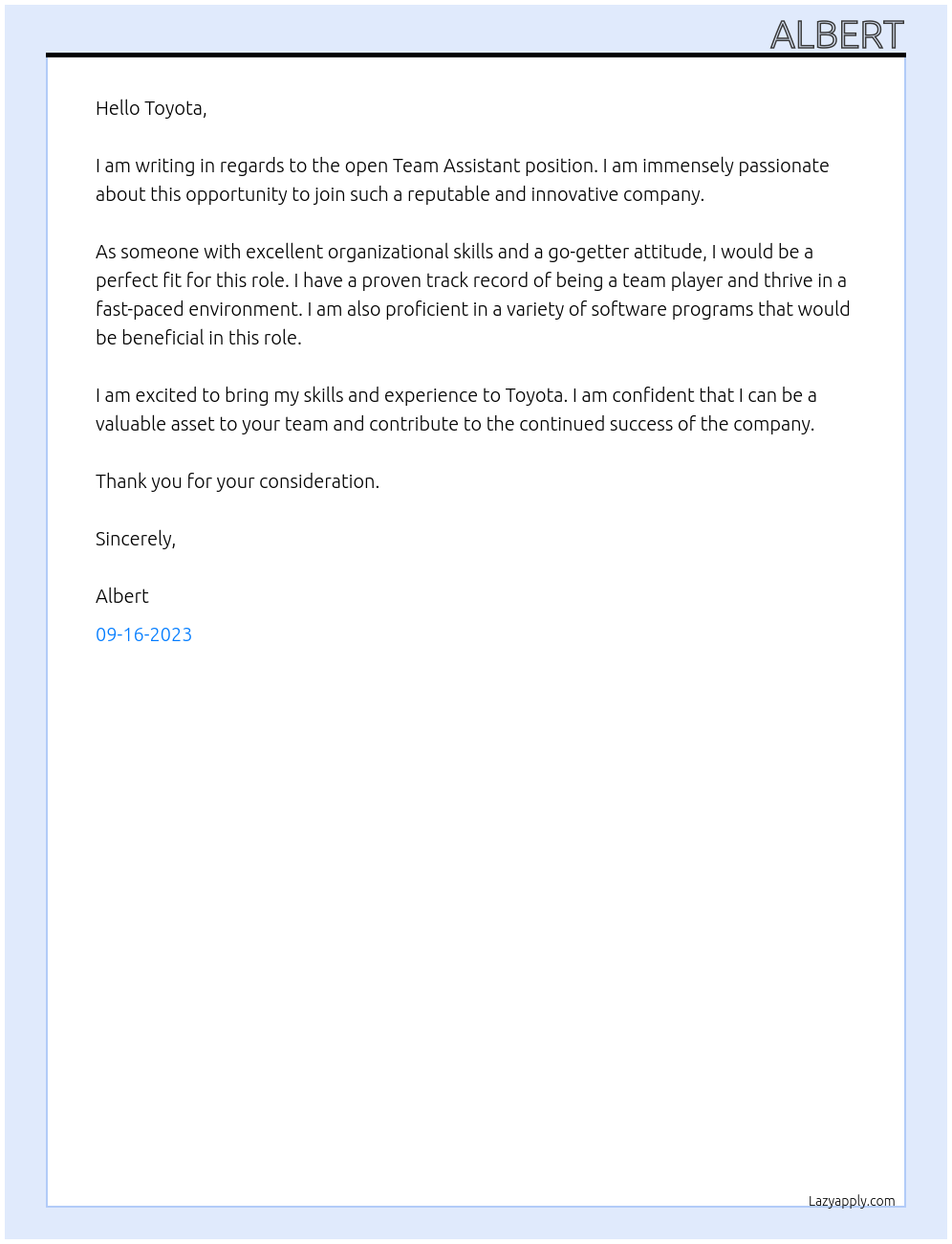 Team Assistant At Toyota Cover Letter