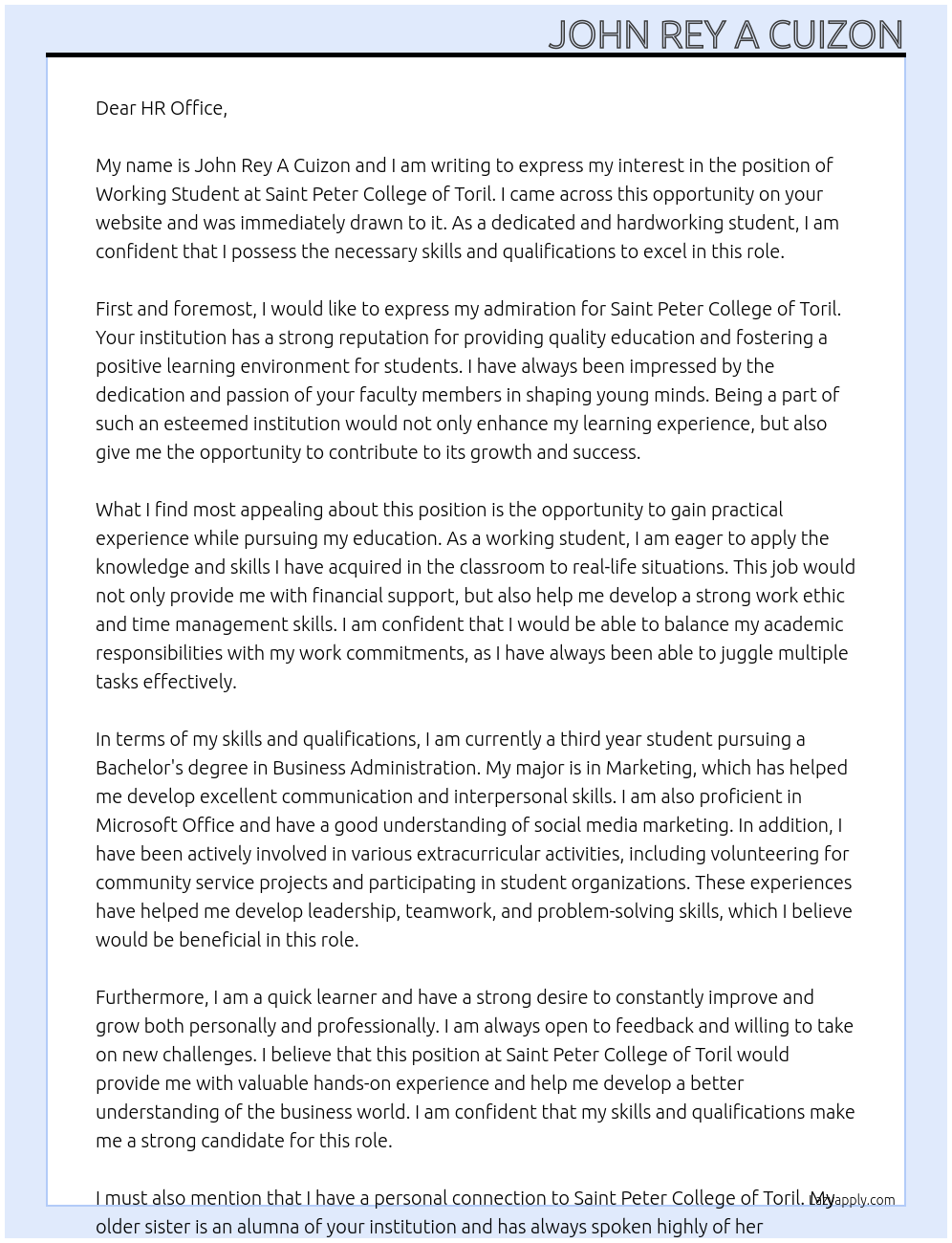 Working student  At Saint Peter College of Toril  Cover Letter