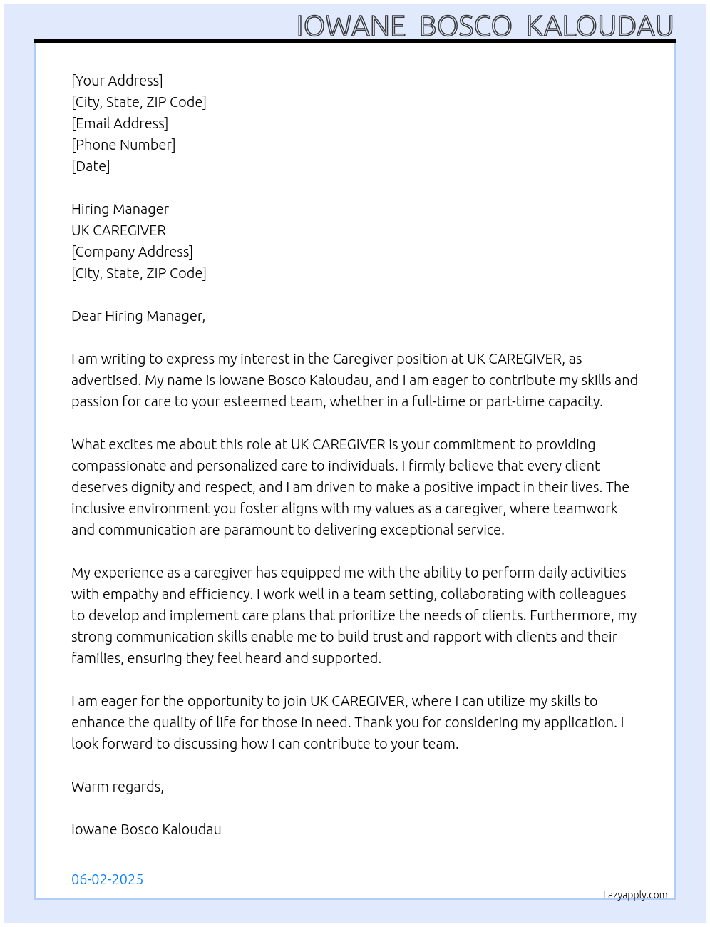 CAREGIVER At UK CAREGIVER Cover Letter