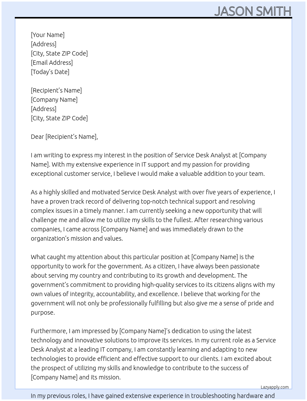 Service Desk Analyst At Government Cover Letter