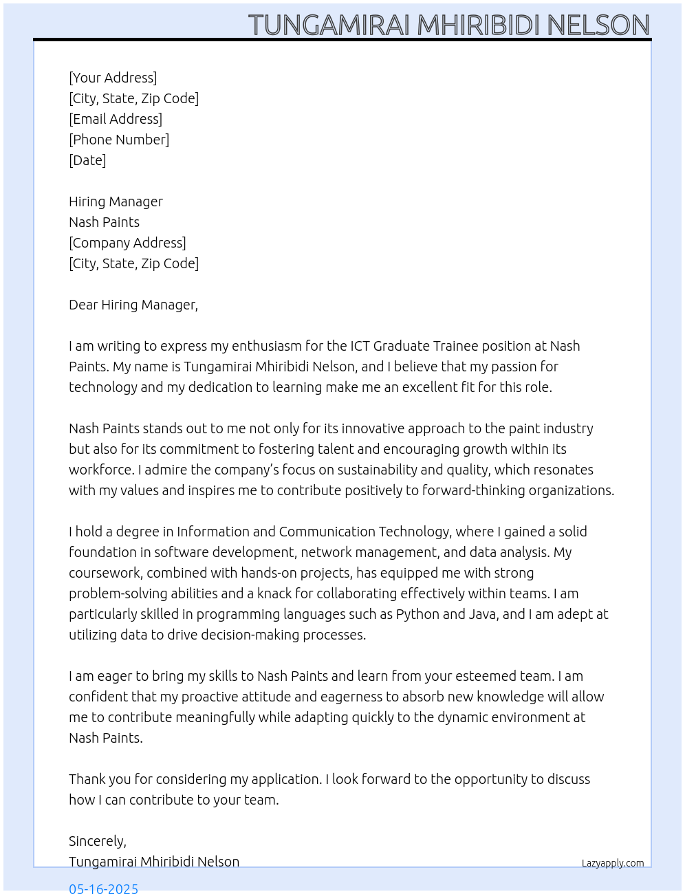 Cover letter for ict graduate trainee - LazyApply