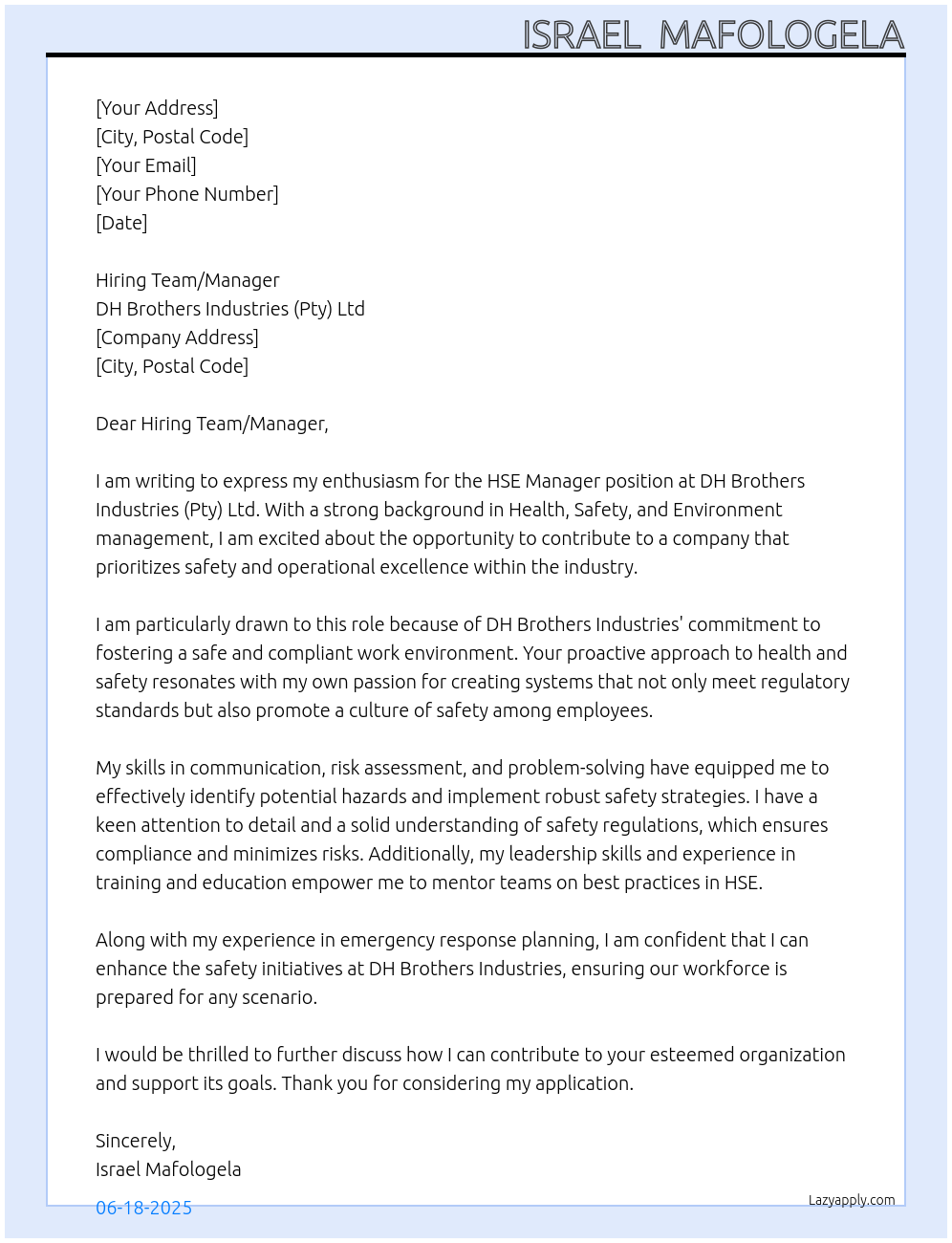 HSE Manager At DH Brothers Industries (Pty) Ltd Cover Letter