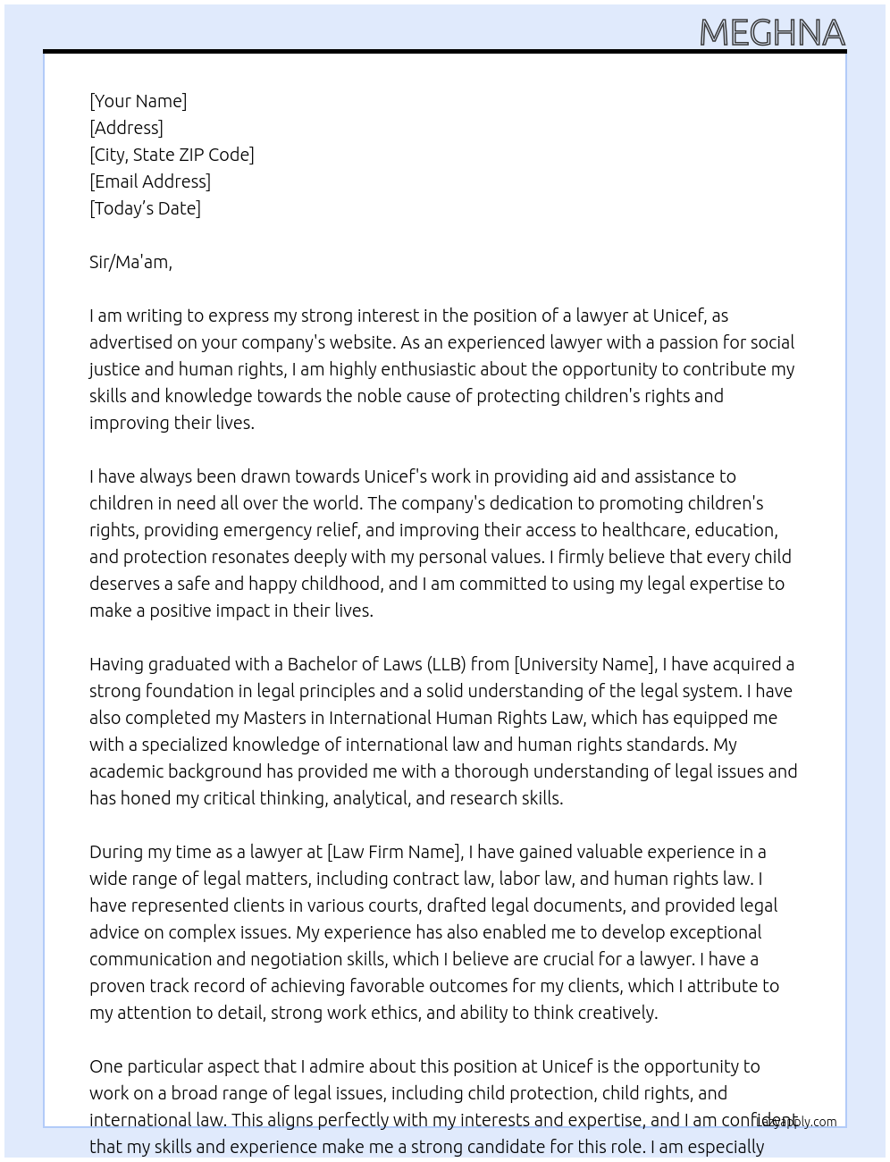 lawyer At Unicef Cover Letter