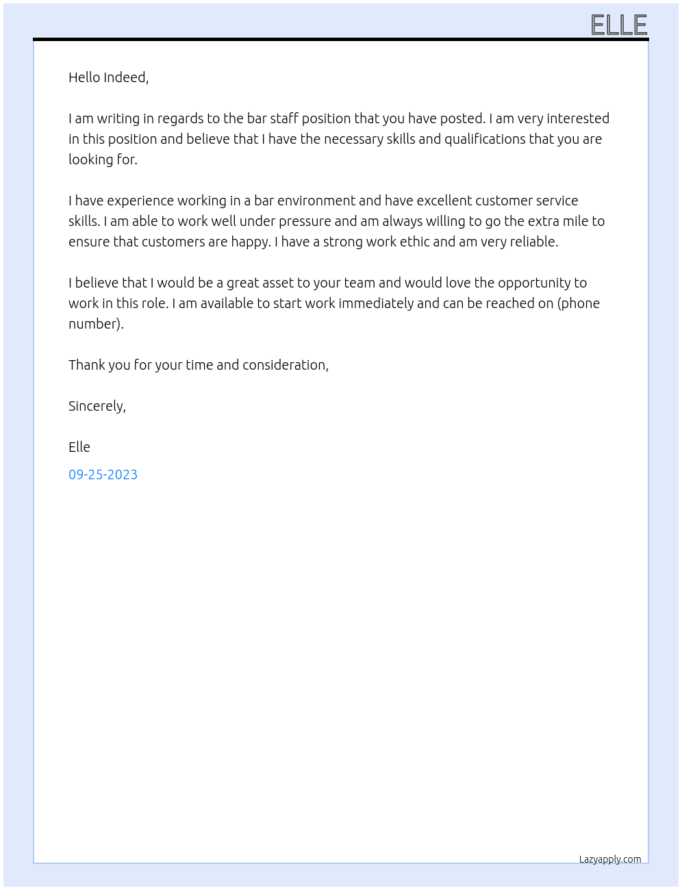 bar staff At indeed Cover Letter