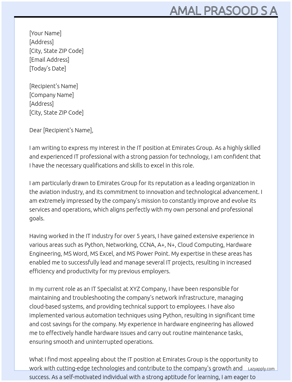 IT At EMIRATES GROUP Cover Letter