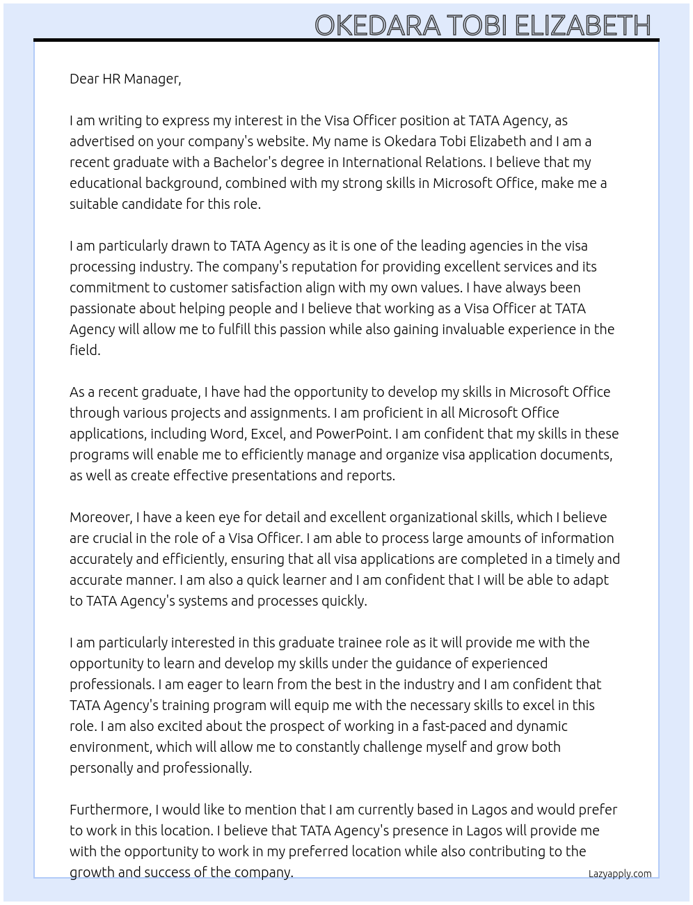 Visa Officer At TATA Agency Cover Letter