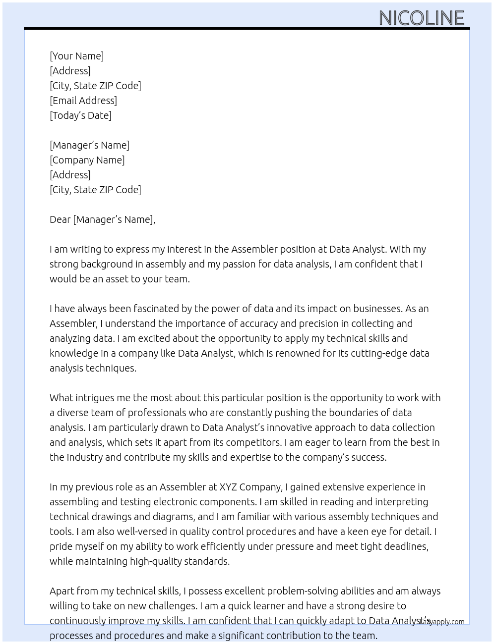 Assembler At Data Analyst  Cover Letter