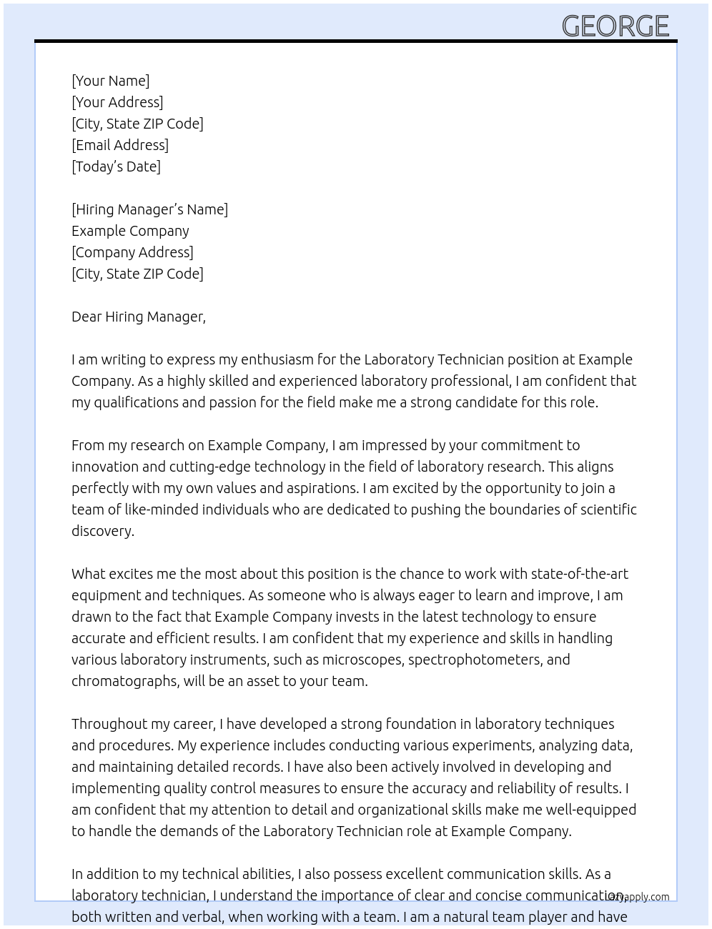 Laboratory Technician At Example Company Cover Letter