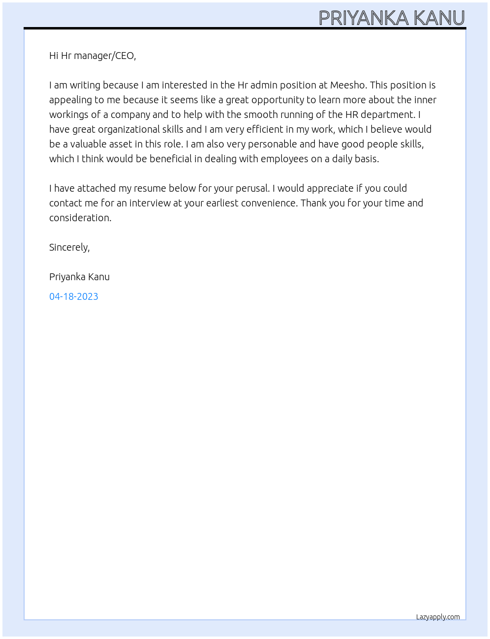 Hr admin At Meesho Cover Letter