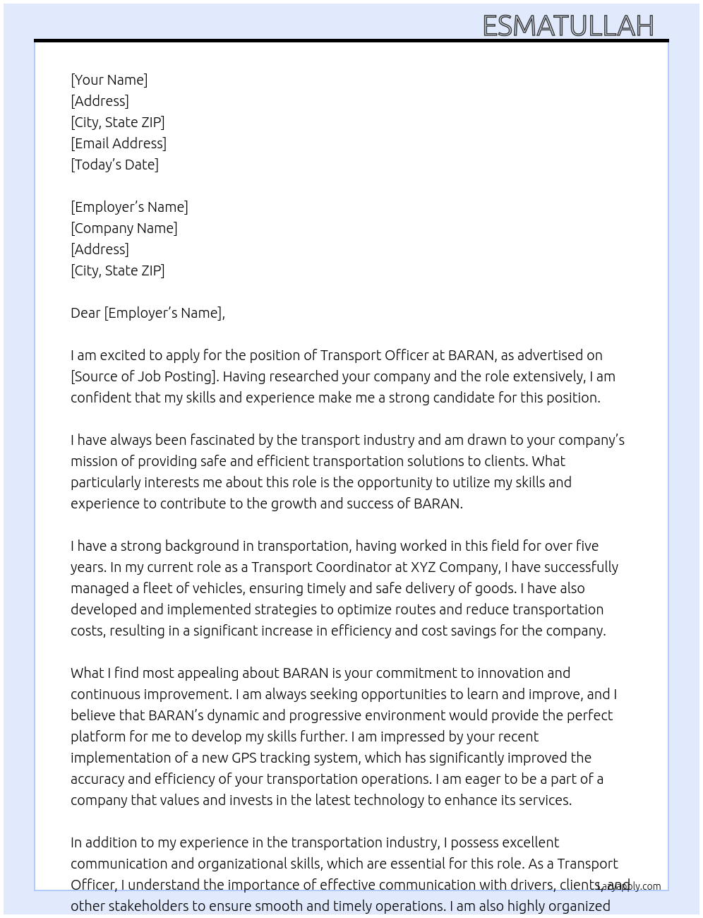 Transport Officer At BARAN Cover Letter