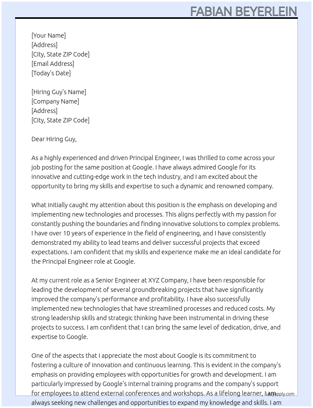 Principal Engineer At Google Cover Letter