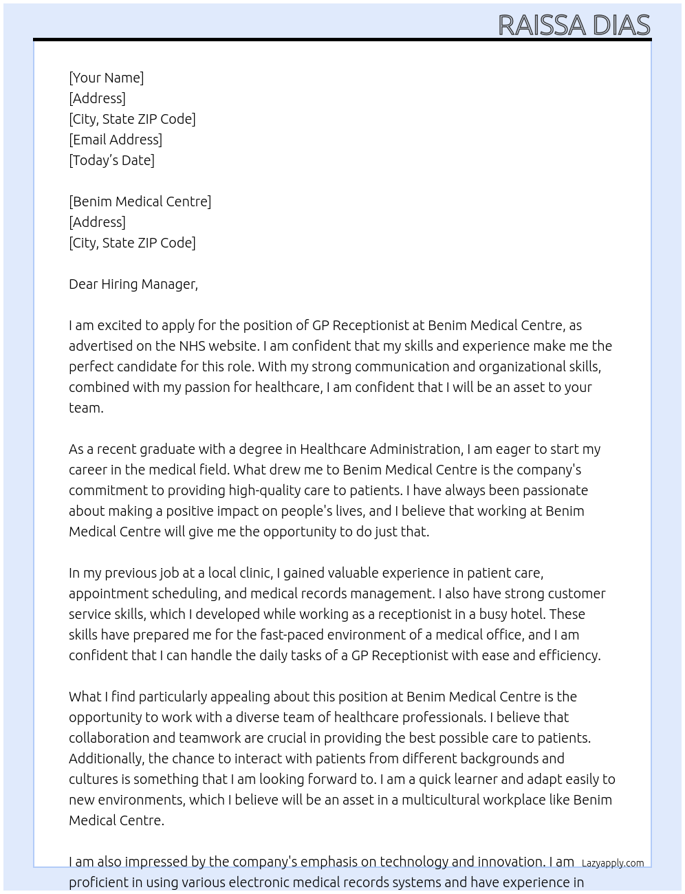 gp receptionist At nhs Cover Letter