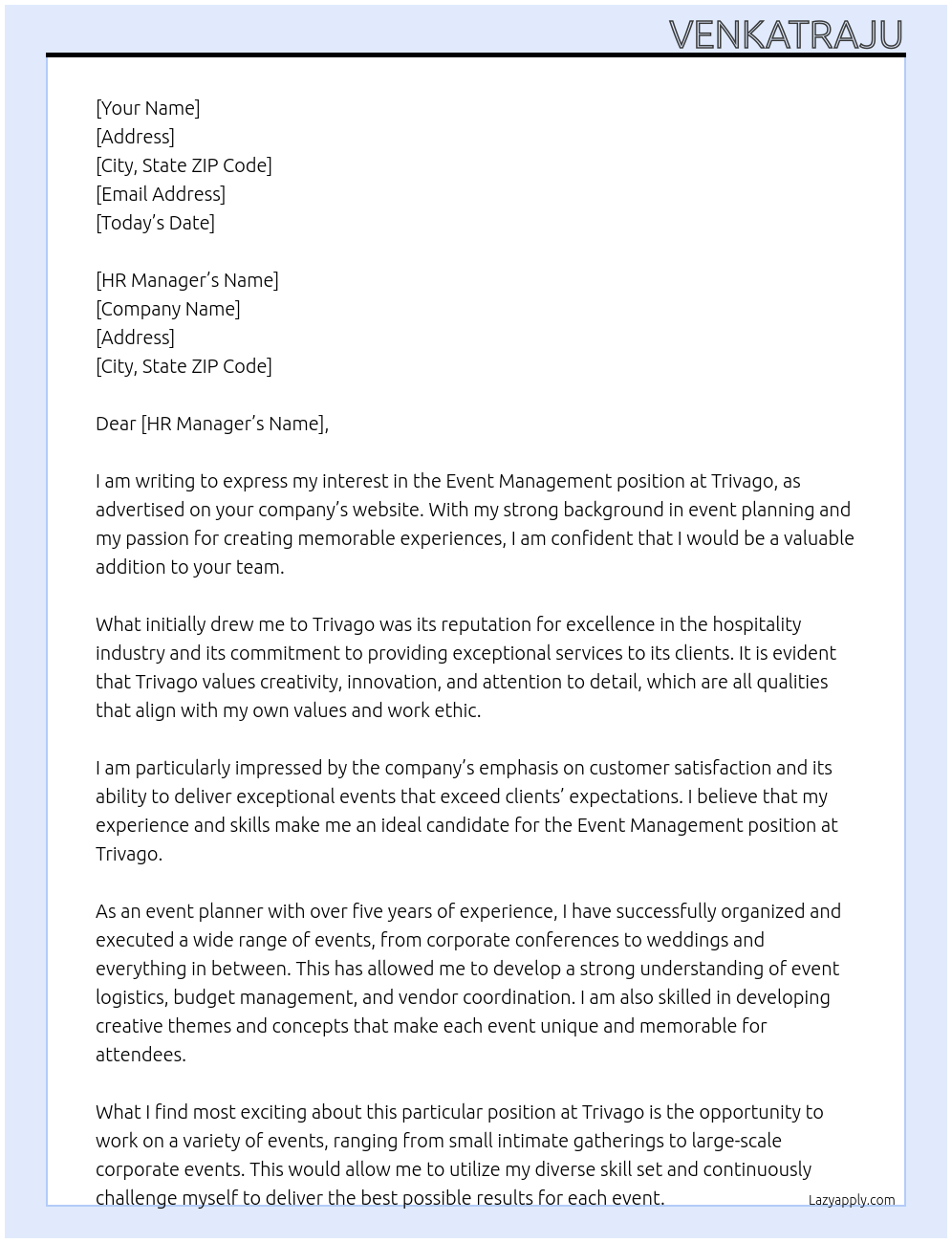 Event management  At Trivago Cover Letter