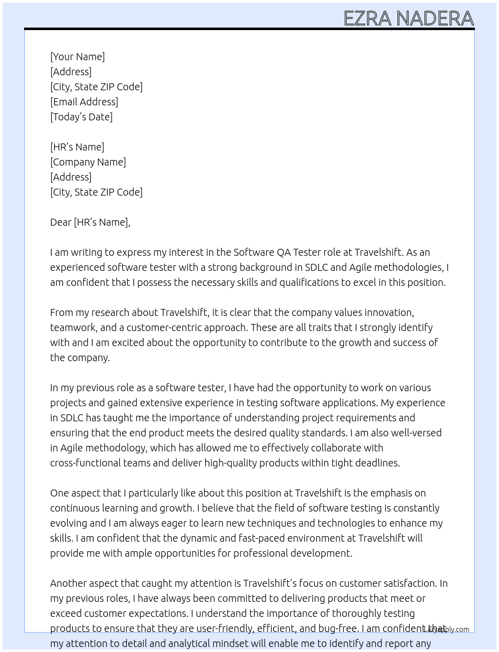 software tester At travelshift Cover Letter