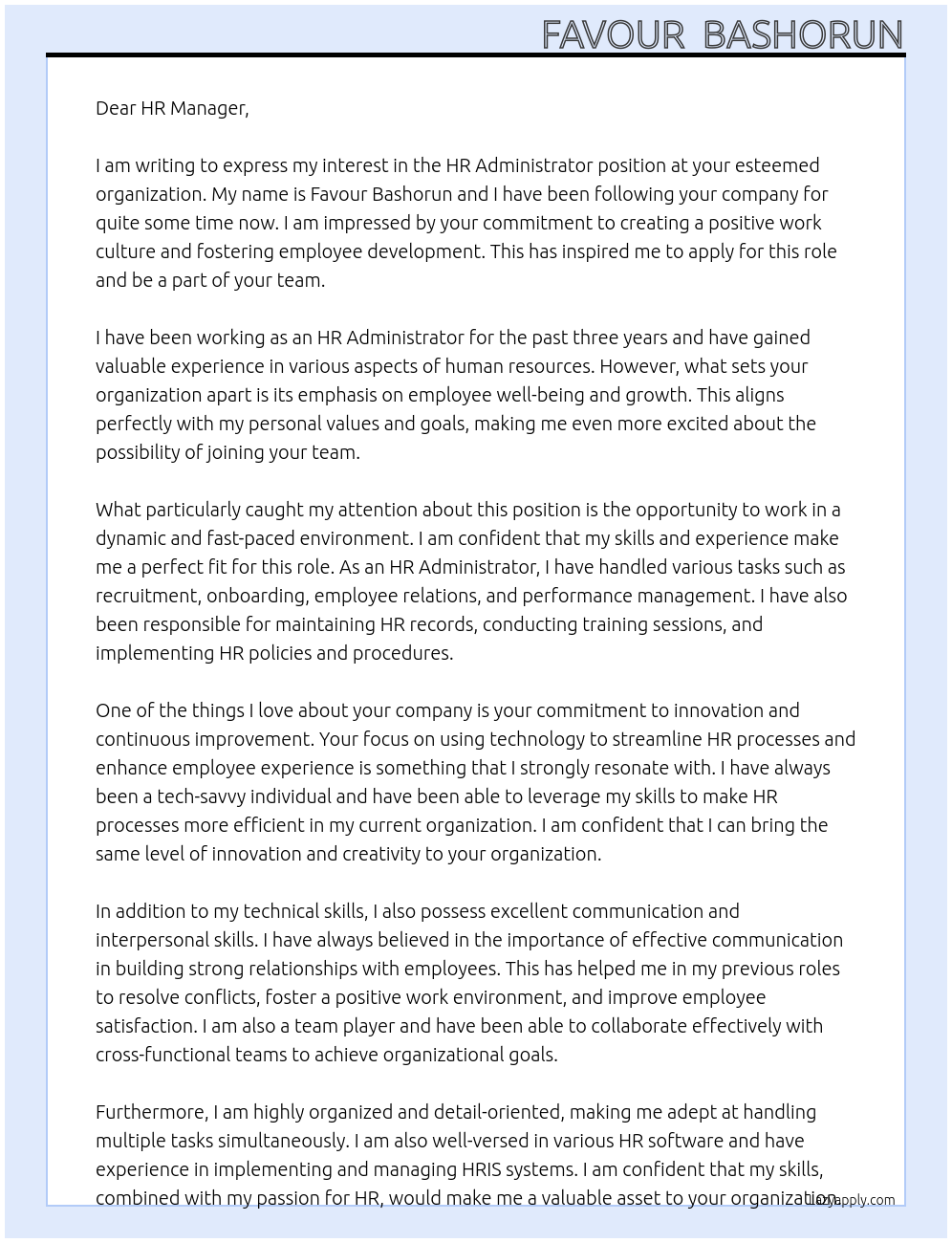 HR Administrator At organisation Cover Letter