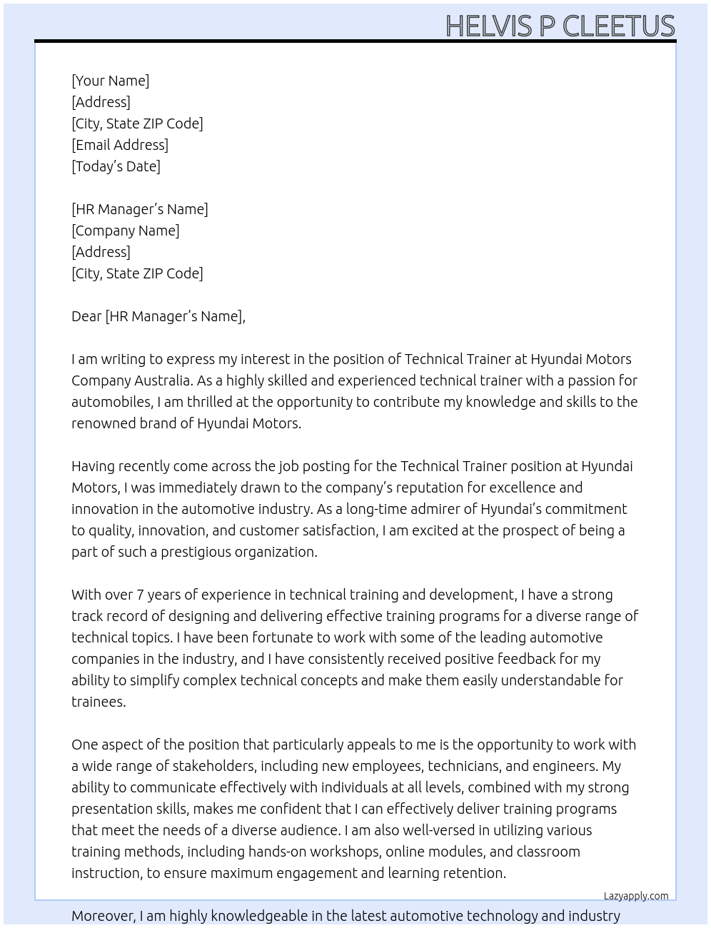 Cover letter for technical trainer - LazyApply