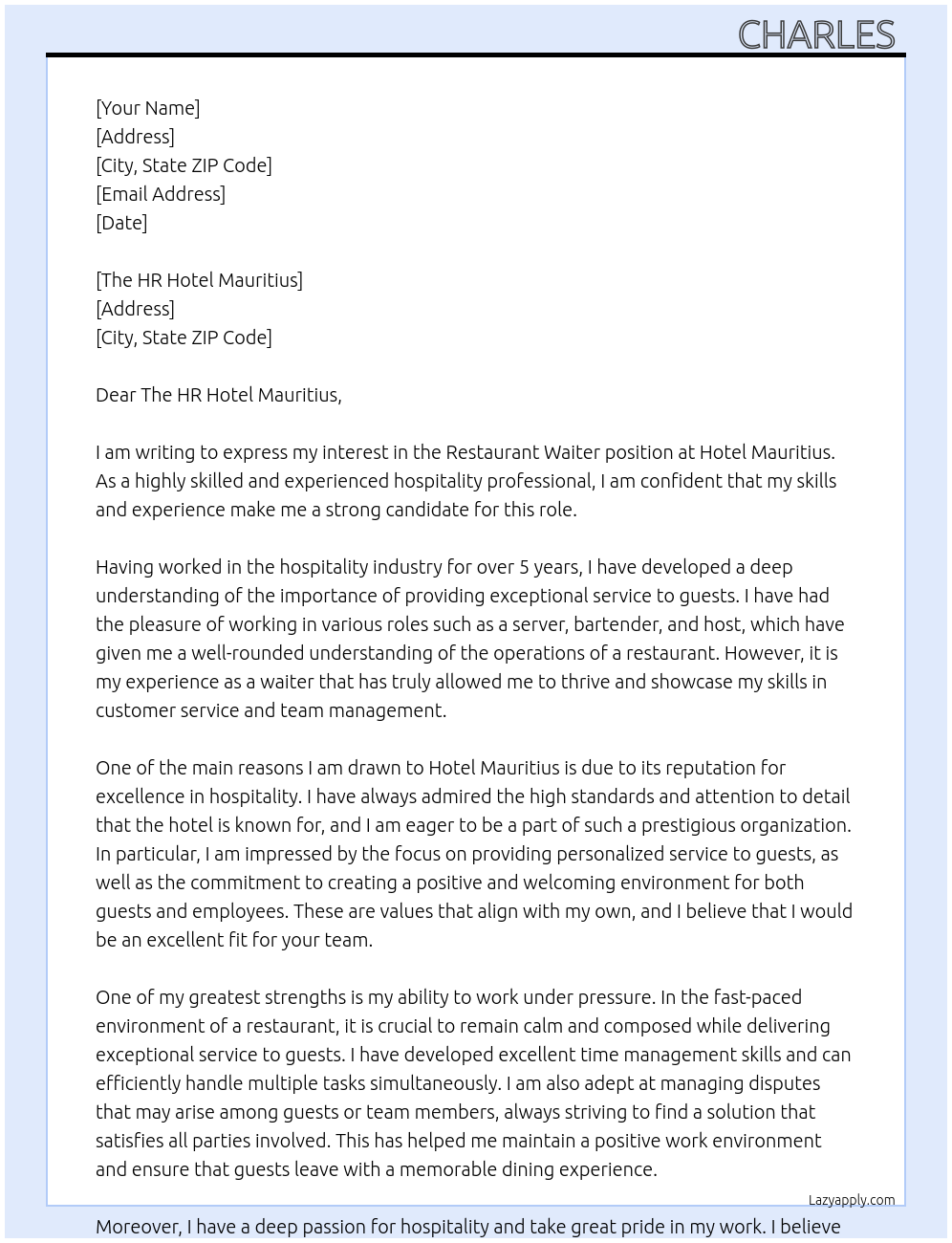 Restaurant waiter At Hotel Mauritius  Cover Letter