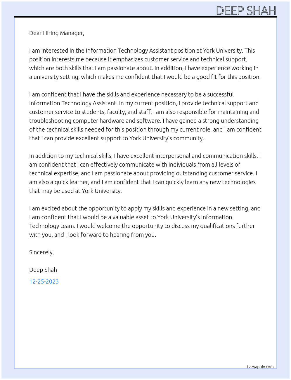 Information Technology Assistant At York University Cover Letter