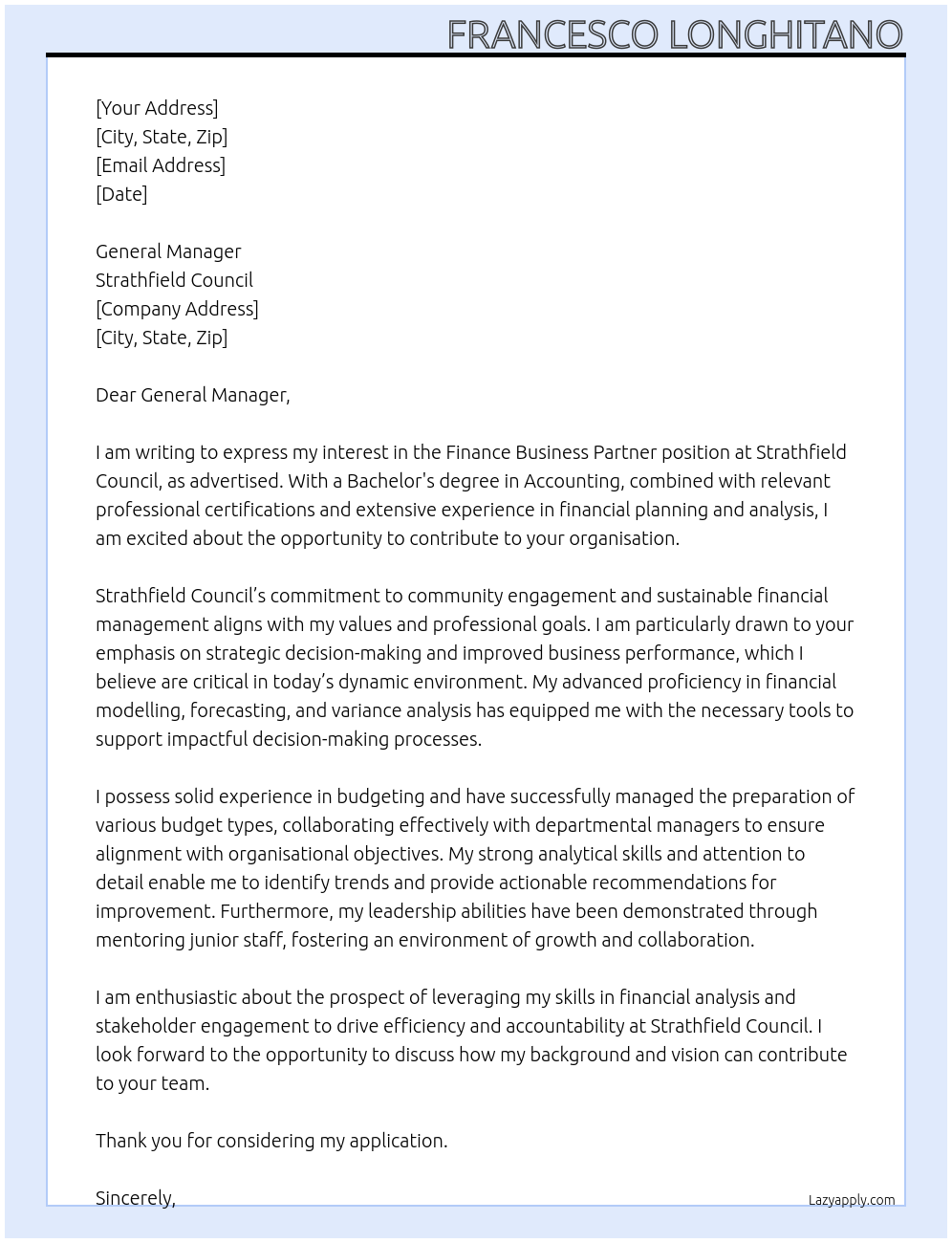 Finance Business Partner At Strathfield Council Cover Letter