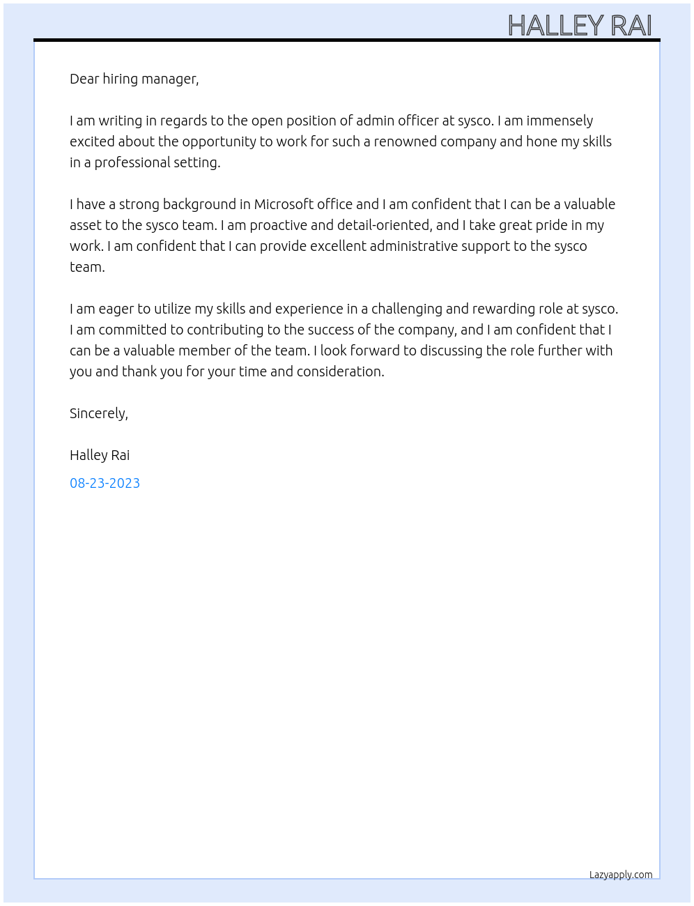 admin officer At sysco Cover Letter