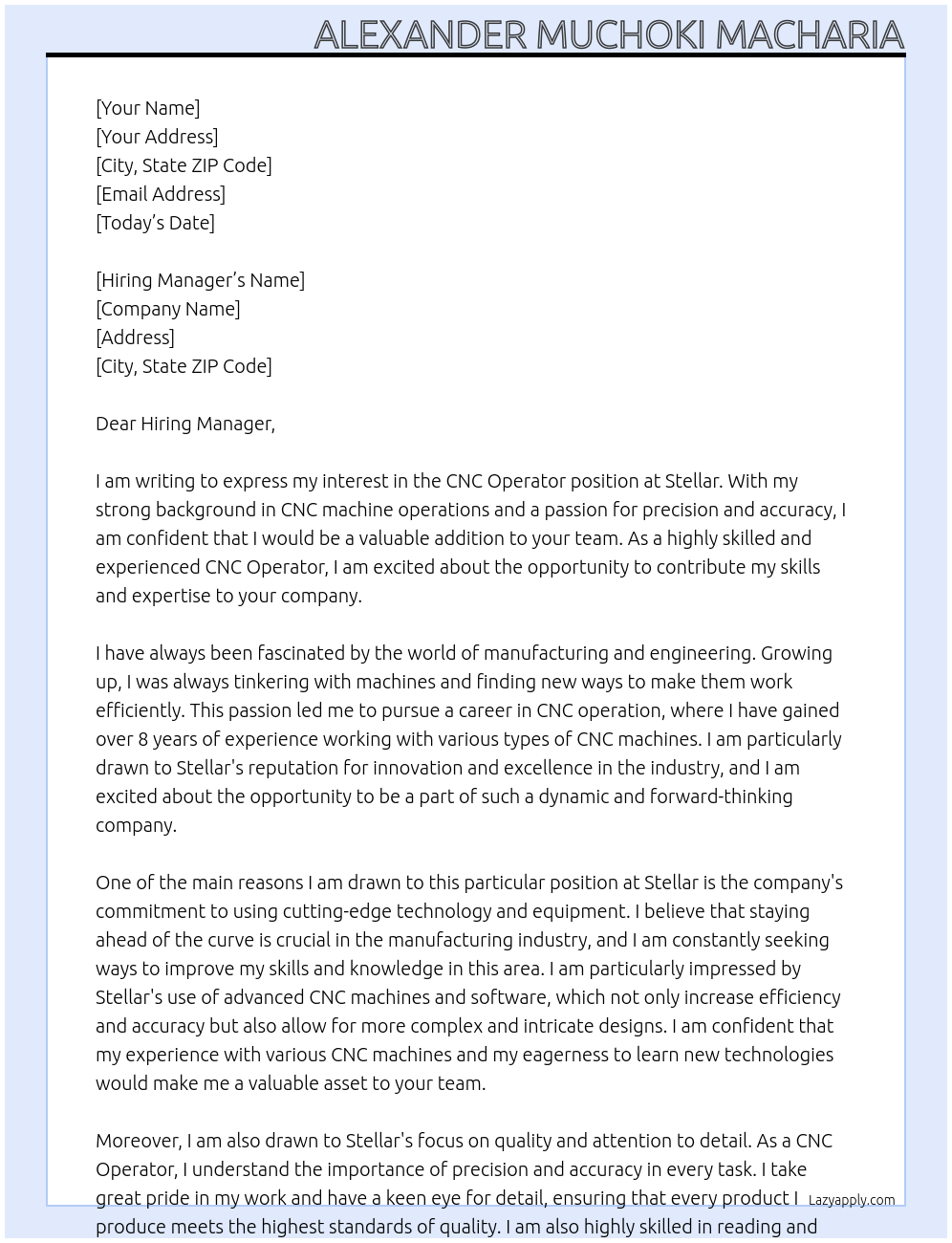 CNC operator At Stellar Cover Letter