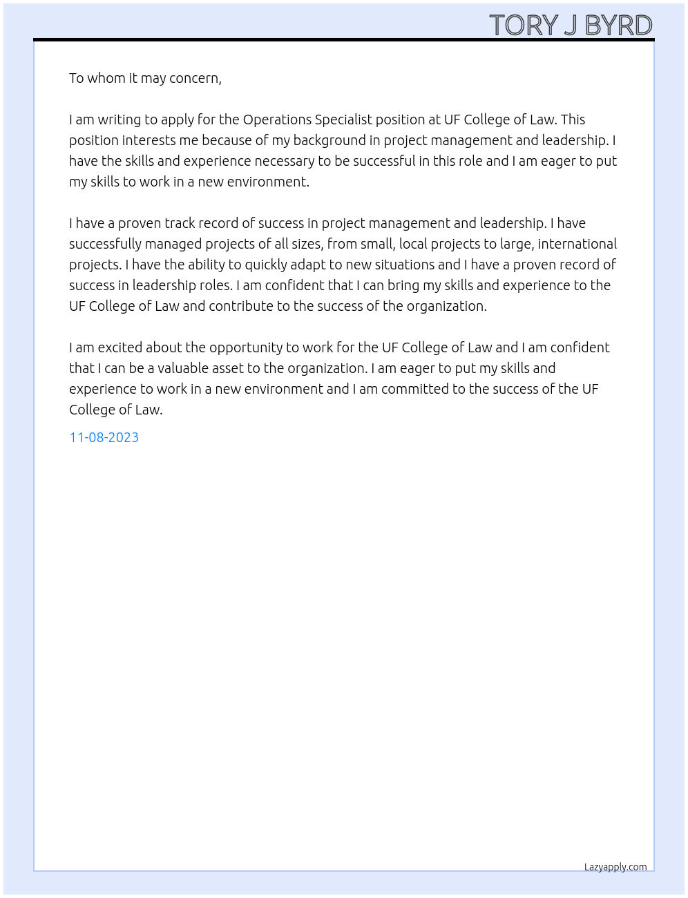 Operations Specialist At UF College of Law Cover Letter