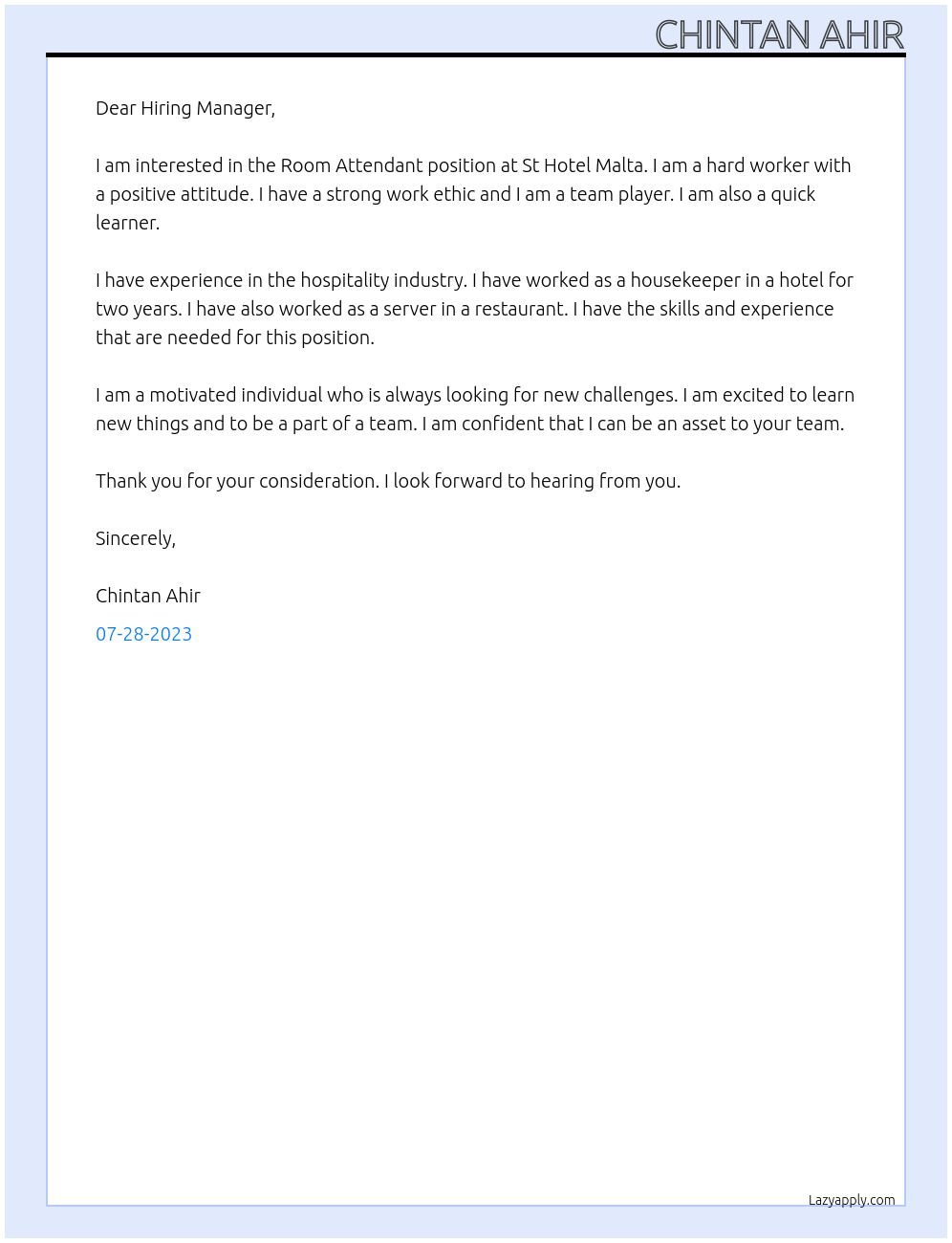Room Attendant  At St Hotel Malta  Cover Letter