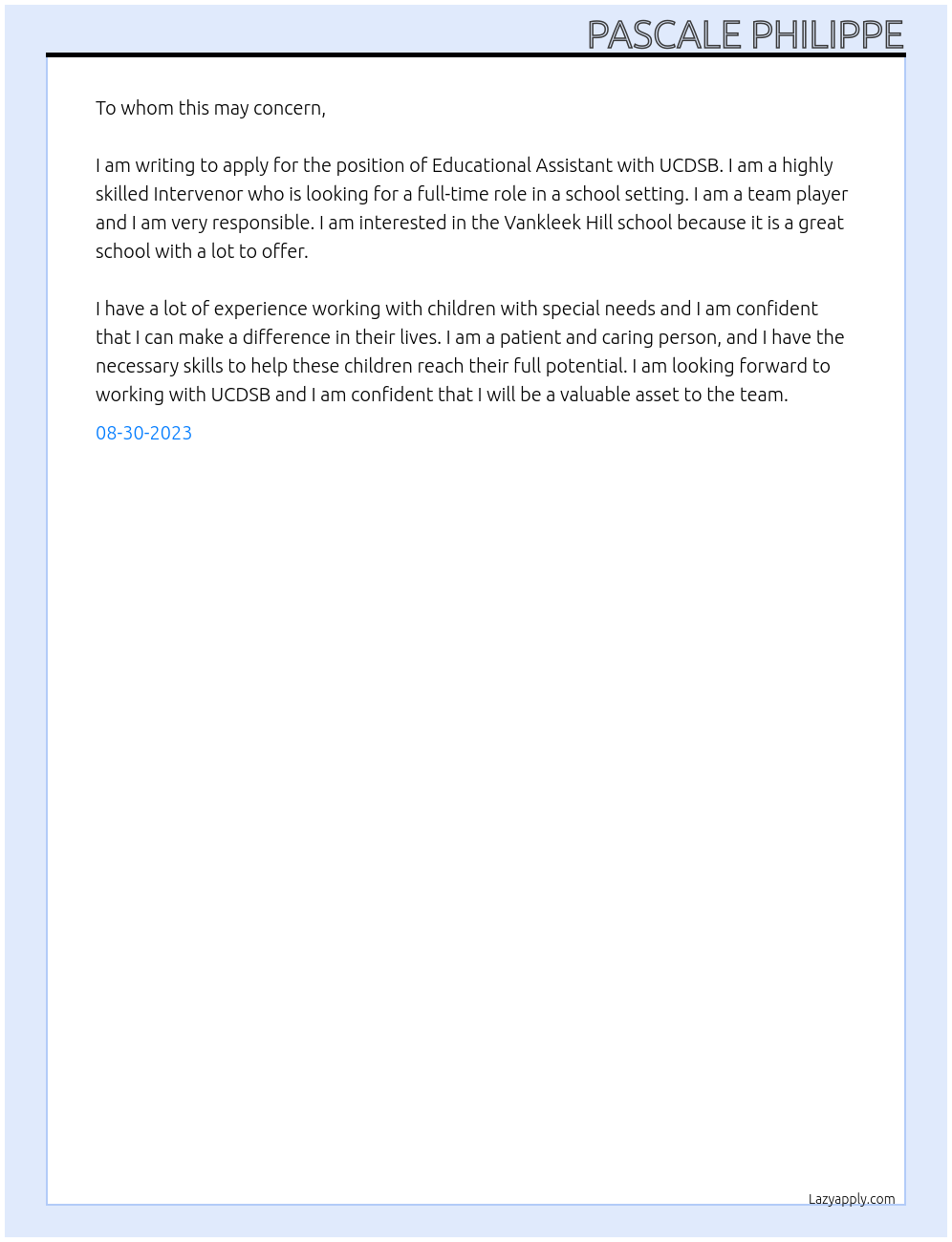 Educational Assistant  At UCDSB Cover Letter