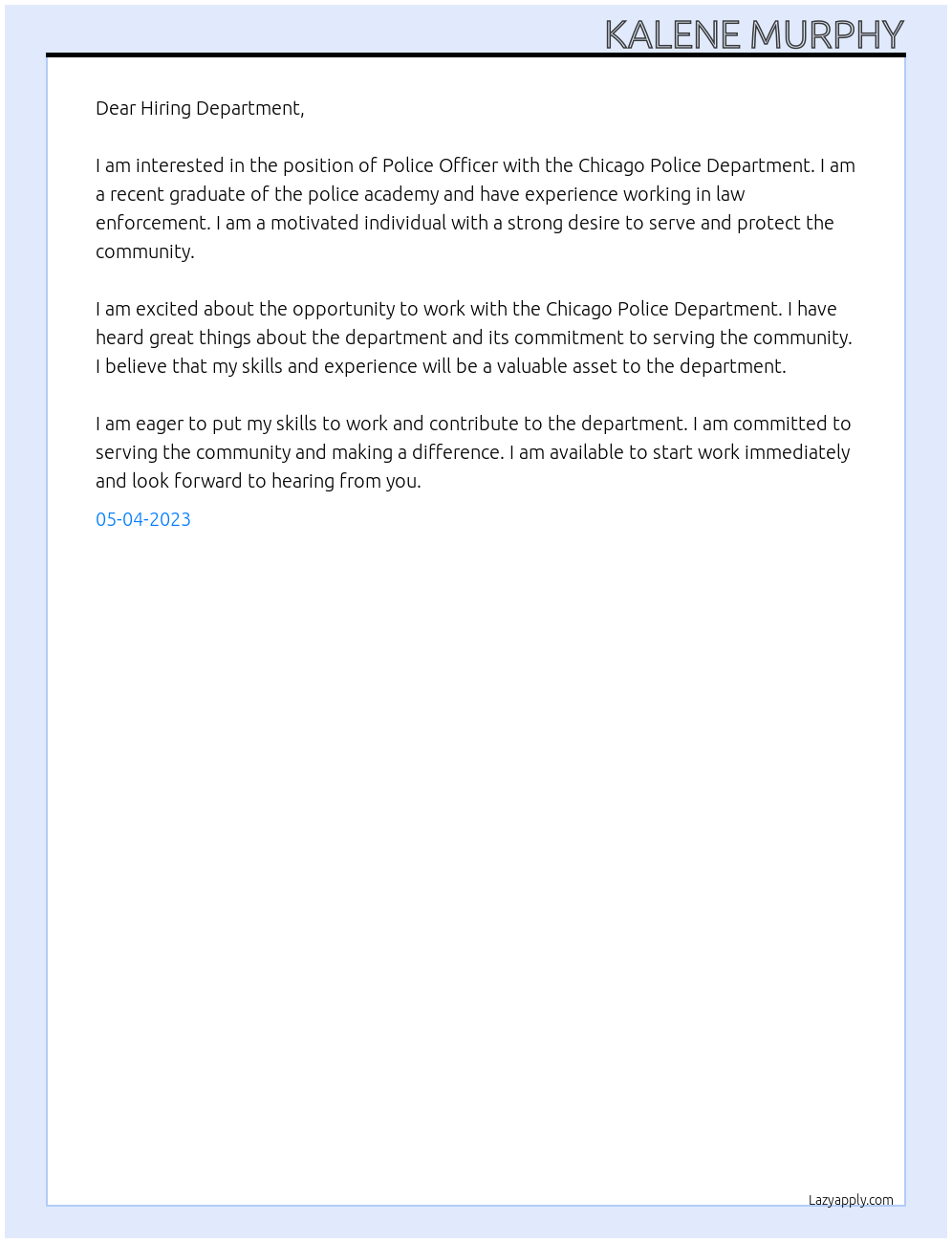 Police Officer At Chicago Police Department Cover Letter