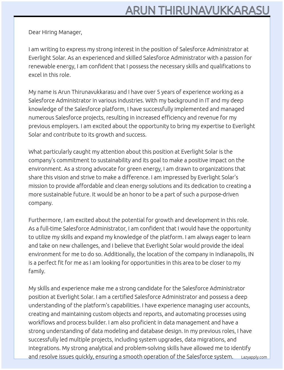 Salesforce Administrastor At Everlight Solar Cover Letter
