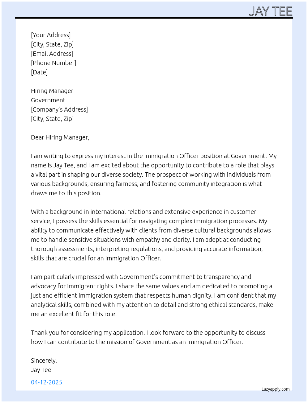 immigration officer At Government Cover Letter