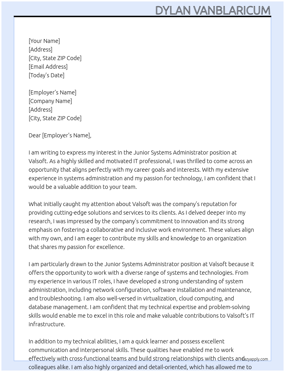 Junior Systems Administrator At Valsoft Cover Letter