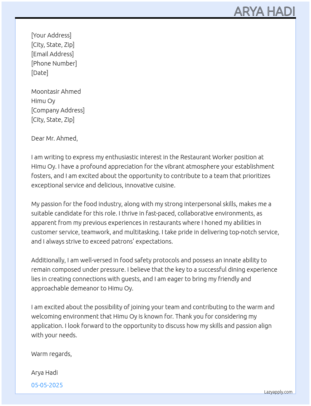 Cover letter for restaurant worker - LazyApply