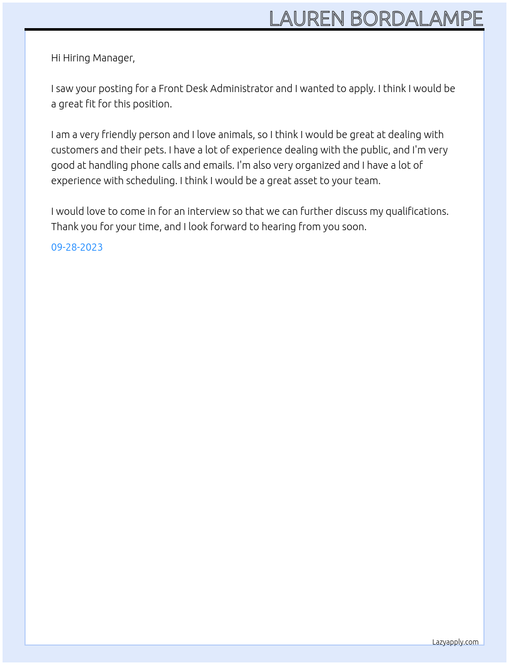 Front desk administrator  At Dogtopia Cover Letter
