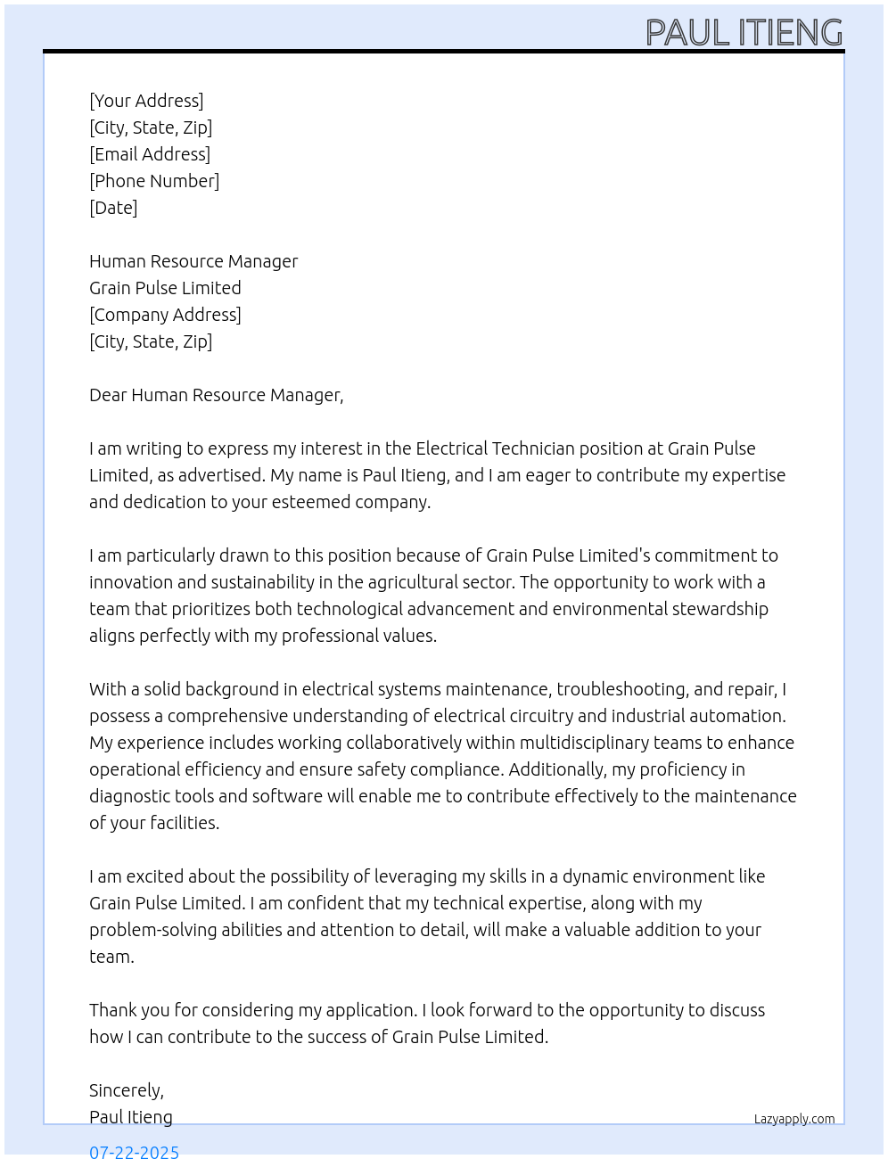 Cover letter for electrical technician - LazyApply