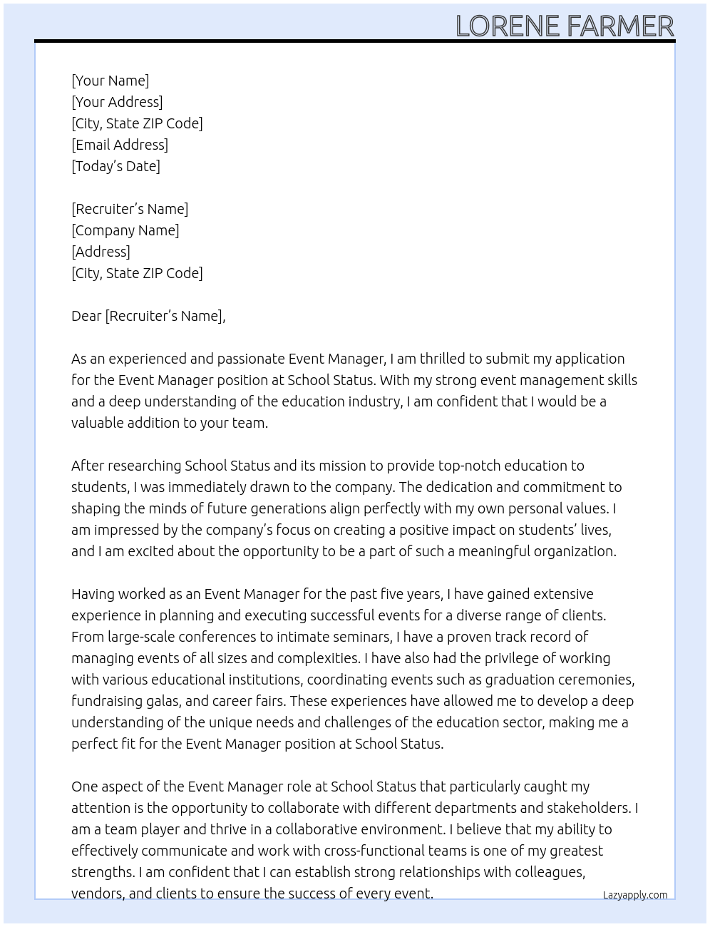 Event Manager At School Status Cover Letter