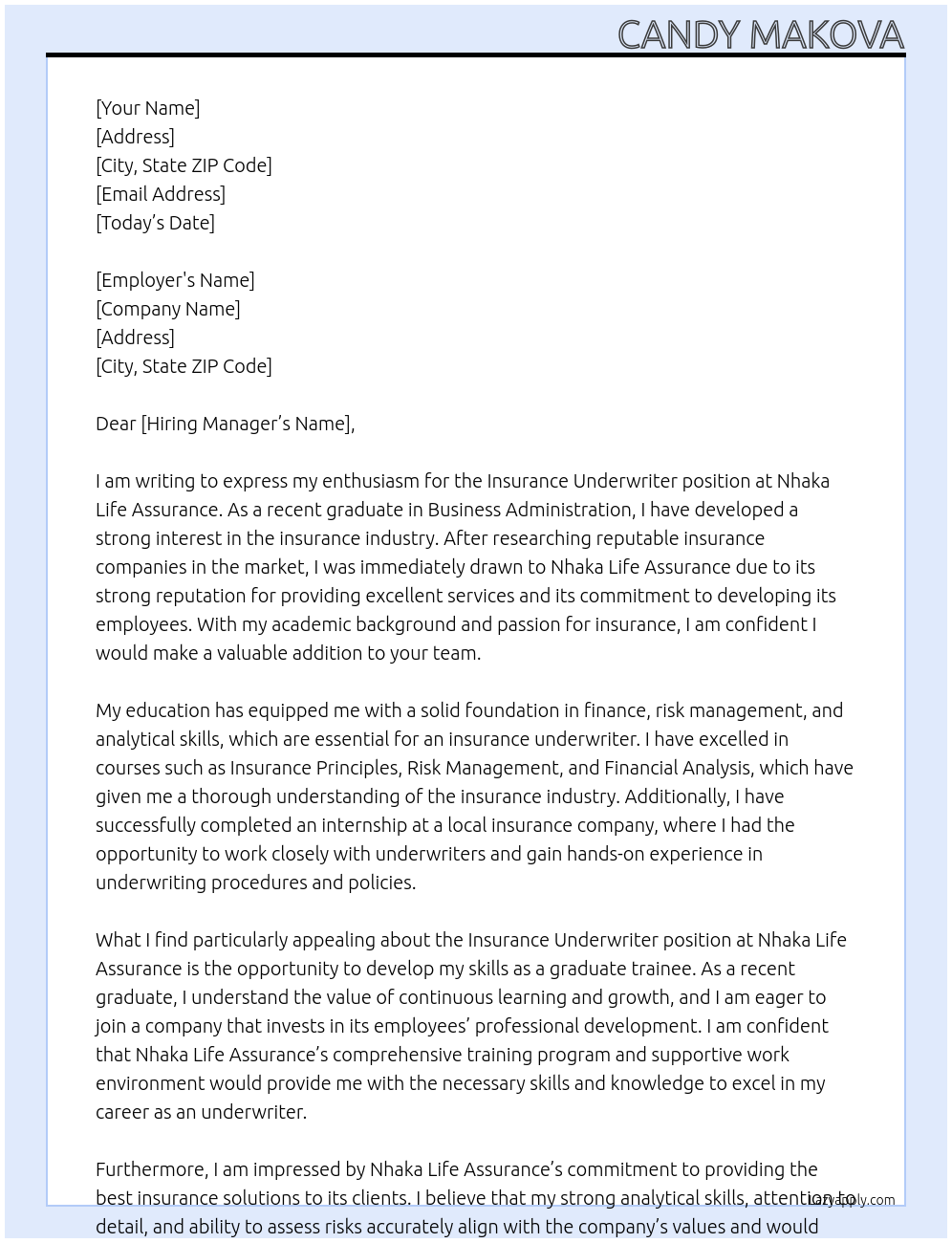 Insurance underwritter At Nhaka Life Assurance Cover Letter