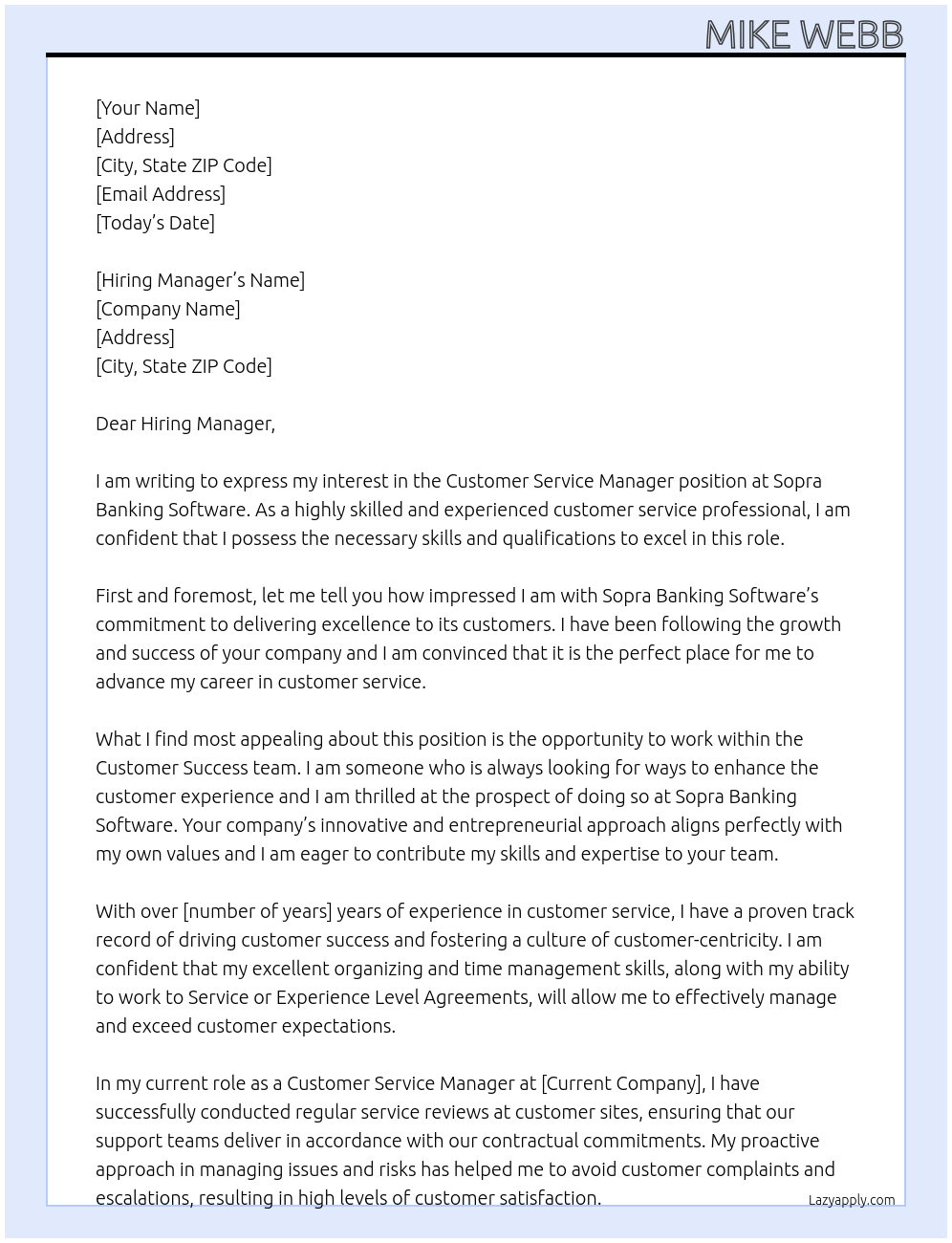 Customer Service Manager At Sopra Banking Software Cover Letter