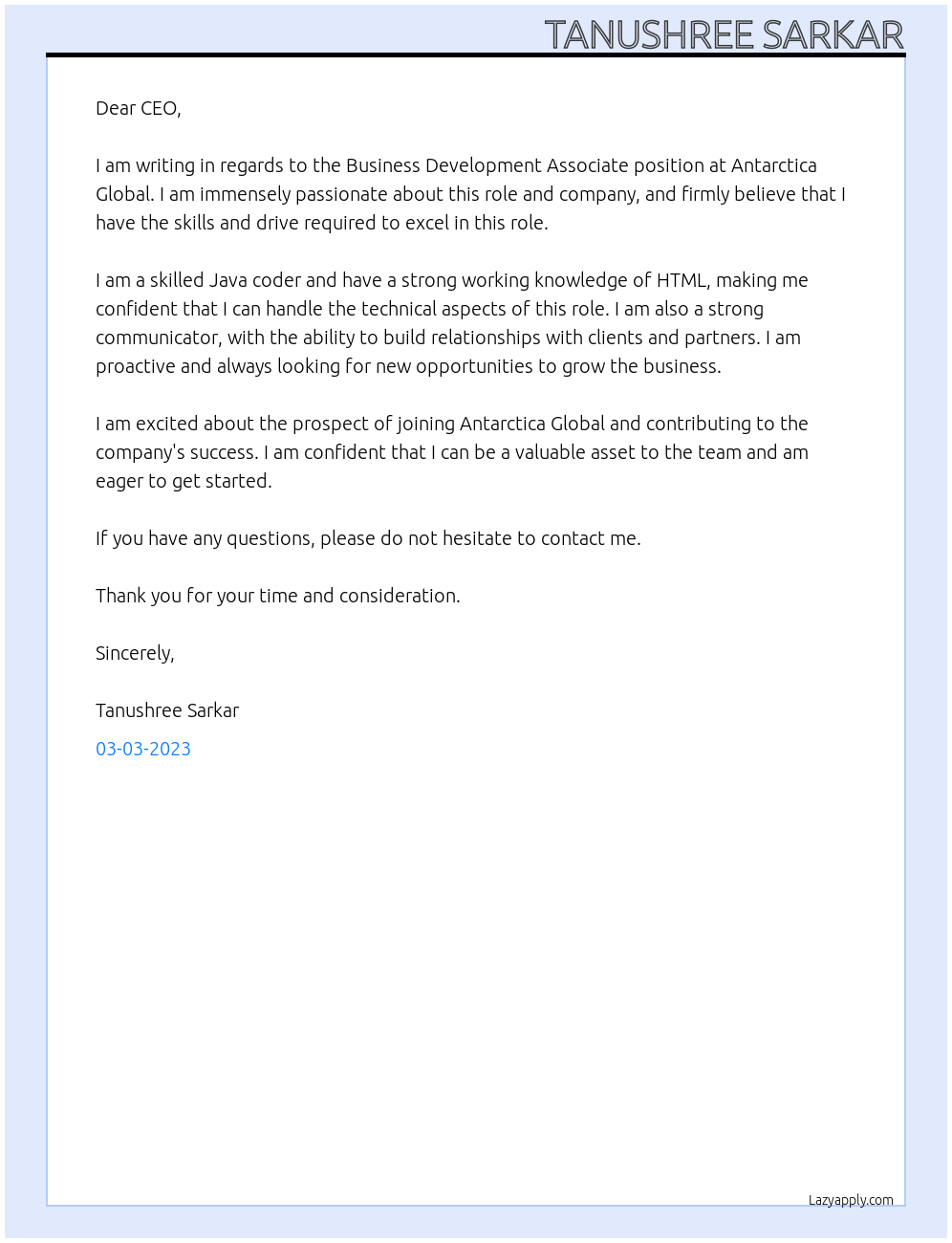 Business Development Associate At Antarctica Global Cover Letter