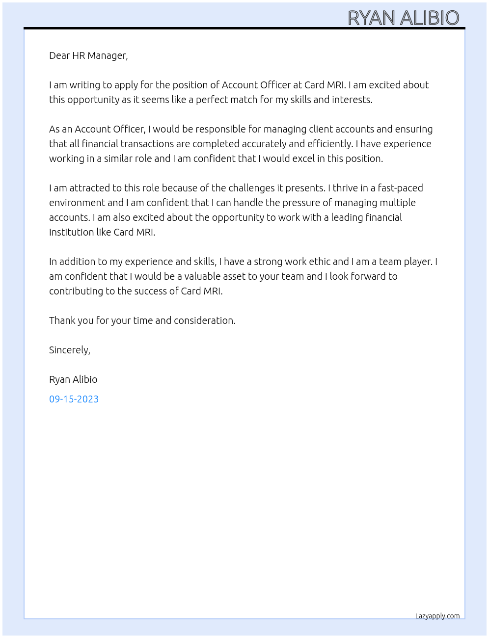 Account officer At Card mri Cover Letter