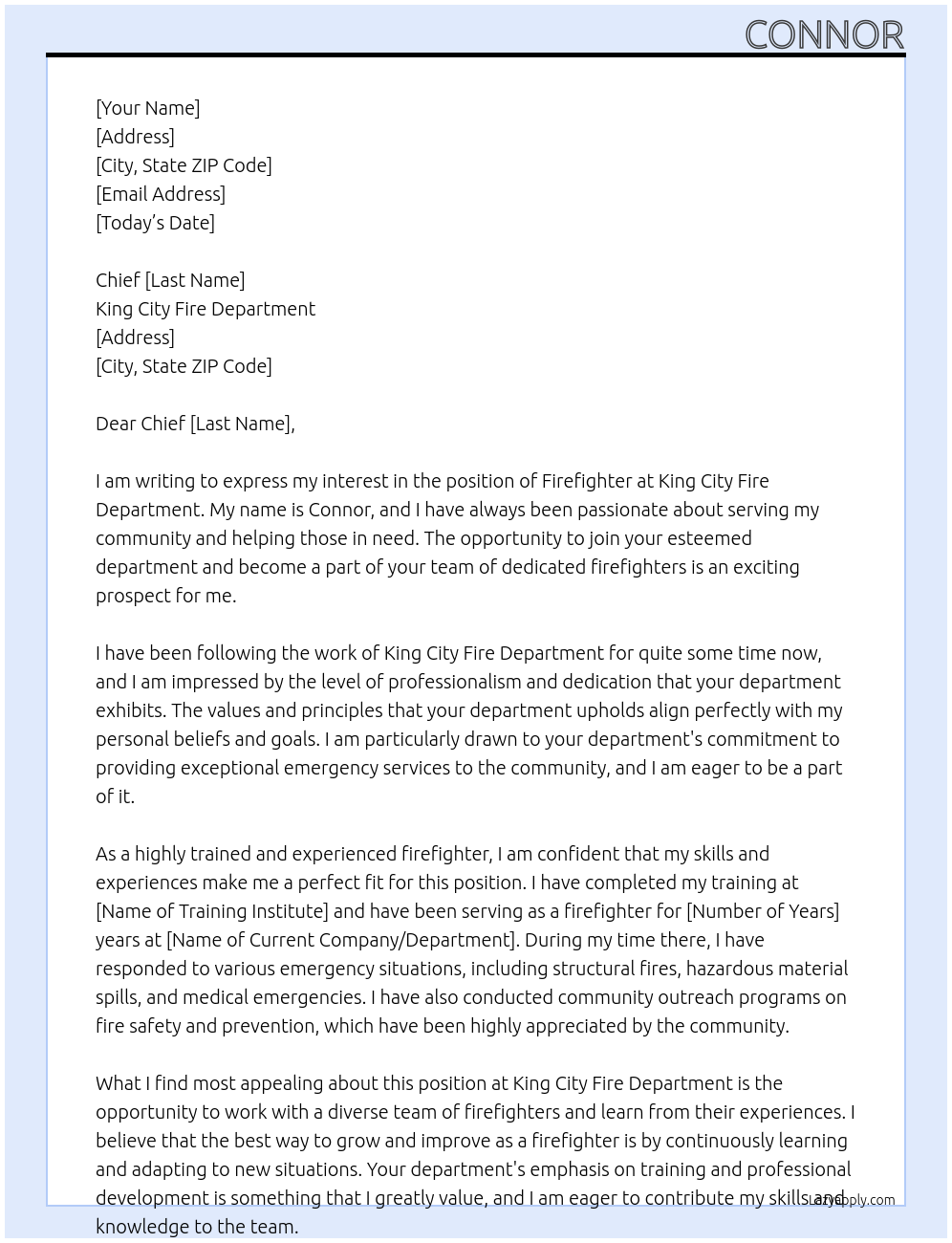 fire fighter At King City Fire dept Cover Letter